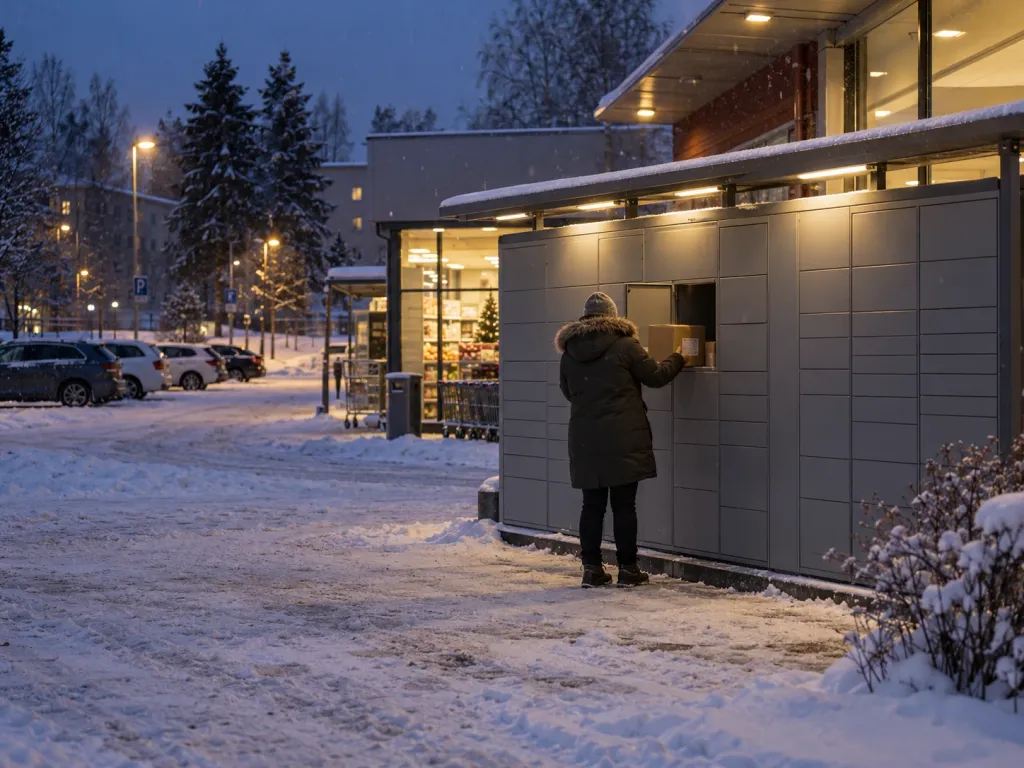Paketin nouto pakettiautomaatista lumisena talvi-iltana